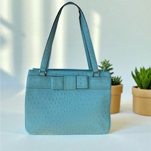 Kate Spade Robins Egg Blue Ostrich Design Embossed Leather W Bow Handbag 11x8 In - Picture 1 of 16